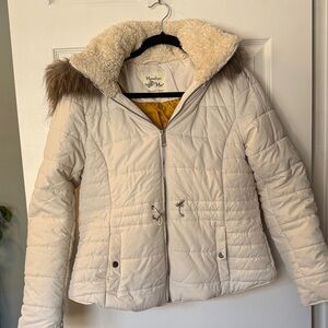 Maralyn & Me Women's Beige Puffer Coat with Faux Fur Hood